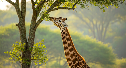 giraffe reaching for leaves in african savanna
