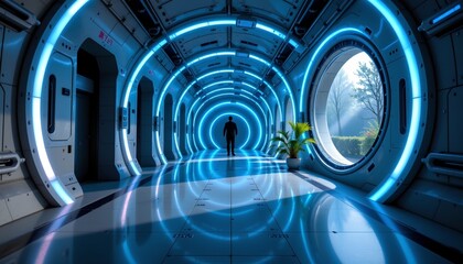 Futuristic Corridor with Blue Illumination and Natural Light