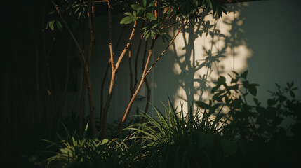 Simple, peaceful and private photo of a backyard wall with trees and grass.
