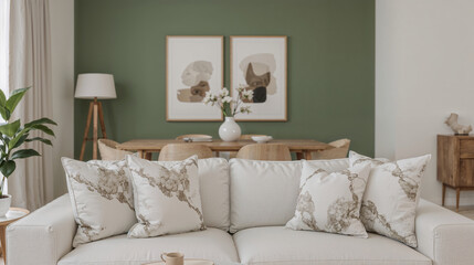 A simple living room with a white sofa and bright green and white flowers.