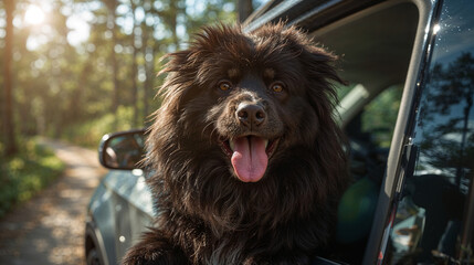 A long-haired black dog poked its head out of the car window, surrounded by trees.
