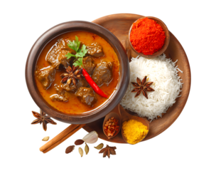 Delicious beef curry with ingredients on a wooden plate isolated on a transparent background