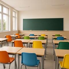 Bright and empty classroom interior with colorful chairs and clean chalkboard prepared for new school year