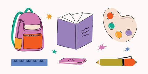Back to school stationery supply set. Hand drawn cartoon school elements, pencil, book, backpack, ruler, pen for education, study, sticker, banner, social media. Flat isolated vector illustration.