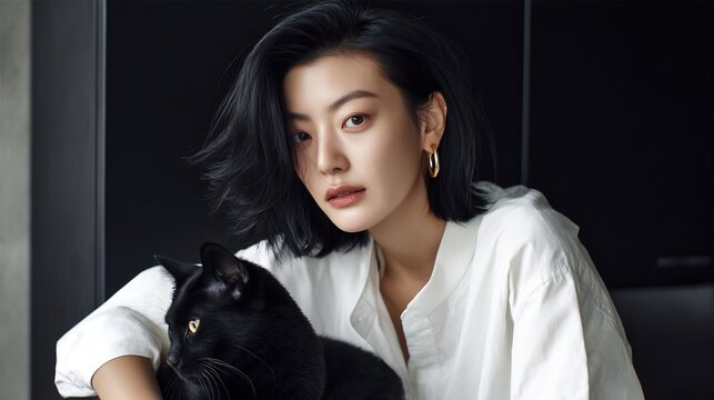 Elegant woman in white shirt holding a black cat posing for studio photoshoot - Powered by Adobe