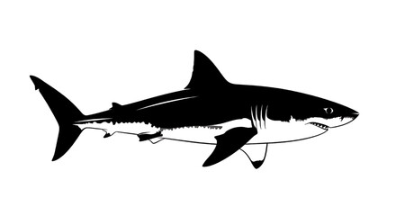Naklejka premium A simple black silhouette of a large shark, isolated on a white background.
