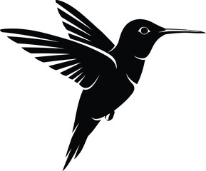 Elegant Black Silhouette of a Hummingbird in Flight Against a Clean White Background Design