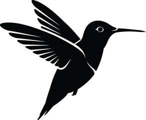 Elegant Black and White Hummingbird Silhouette in Flight with Detailed Wing Feathering on a White Background