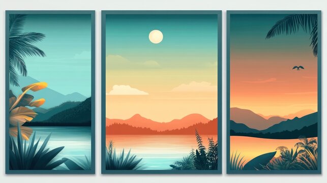 Vector set of social media story design templates with summer landscape and copy space