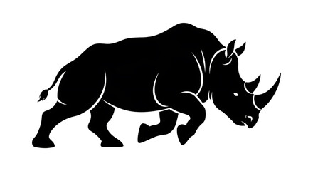 Obraz premium A powerful black silhouette of a large rhinoceros in a running or charging pose, isolated on a white background.