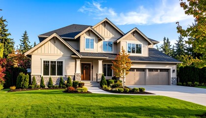 Beautiful two story house with green lawn and landscaping on a sunny day