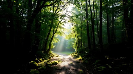 Obraz premium Mystical Morning Sunlight in a Green Forest | Nature Background