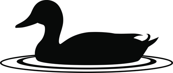 Elegant Duck Silhouette Swimming in Water Minimalist Black and White Illustration on White Background