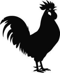 Black Silhouette of a Crowing Rooster Farm Animal Vector Illustration on White Background