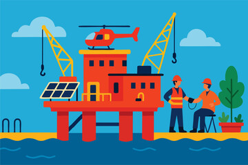 Flat Vector of Offshore Oil Platform with Helicopter Pad, Cranes, and Workers – Modern Energy Industry Illustration