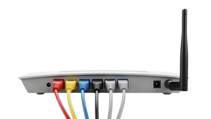 Fototapeta premium Router network connection internet wifi broadband wireless technology ethernet cable ports antenna on transparent background