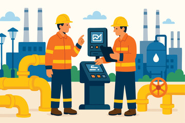 Flat Vector Illustration of Energy Workers Inspecting Oil Pipes and Control Panels at Natural Gas Plant