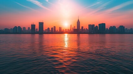 City skyline at dawn reflects in calm water. Sun shines brightly behind tall buildings