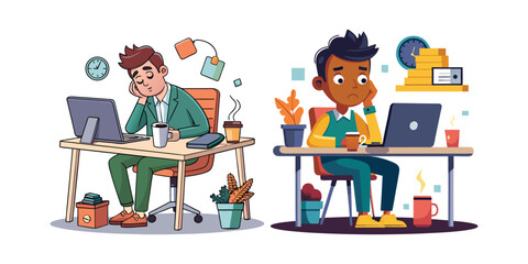 Exhausted Remote Worker at Messy Desk with Coffee Mug – Overworked Freelancer Home Office Vector Illustration – Stress, Fatigue, and Work from Home Life