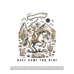 Retro hand drawn cowboy holding rope and his horse