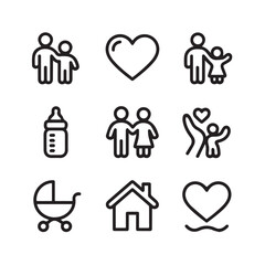 Family Care Line Icon Set – Parents, Child, Heart, Holding Hands, Baby Bottle, Cradle, Home, and Affection Symbols