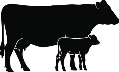 Black Silhouette of Cow and Calf Standing Together Farm Animal Vector Illustration on White Background