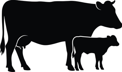 Black Silhouette of a Cow and Calf Standing Together on a White Background Farm Animals