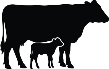 Silhouette of a Cow and Calf Standing Together Representing Motherhood and Animal Husbandry in Black and White
