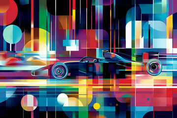 Abstract image of a Formula 1 racing car with geometric shapes and striking design