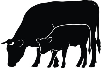 Silhouette of a Cow and Calf Grazing Together in a Pasture Black and White Vector