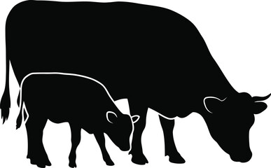 Black Silhouette of a Cow and Calf Grazing Together in a Pasture on White Background