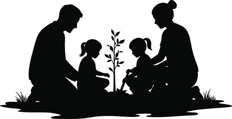 Family Planting a Tree Silhouette Parents and Children Gardening Together for a Sustainable Future