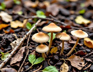 Lush Forest Floor with Young Mushrooms and Leaves