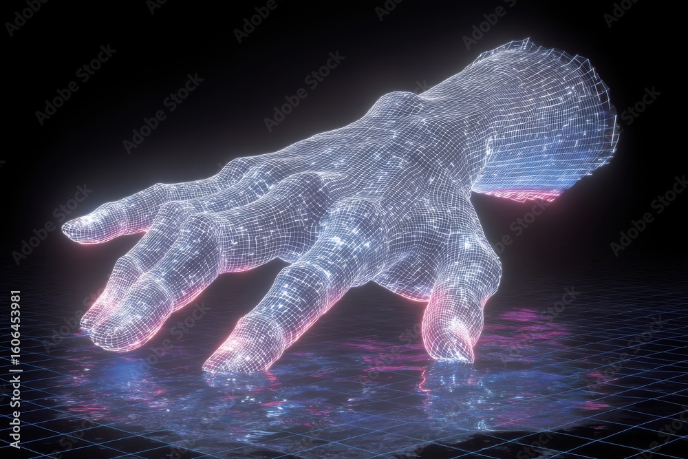Wall mural glowing wireframe hand floating with a futuristic grid background