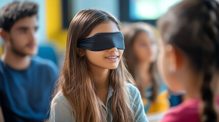 A dedicated teacher guiding a blindfolded student through a trust-building activity, showcasing realistic expressions and emotions in a classroom.