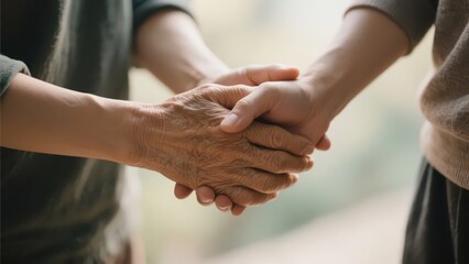 A pair of hands is holding another pair of wrinkled hands, conveying the emotions of companionship, care, and warmth.