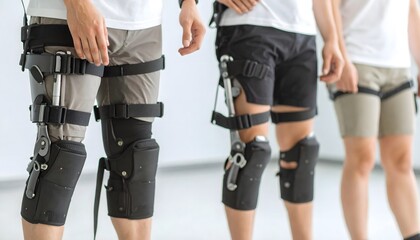 Individuals demonstrating advanced assistive exoskeleton technology designed for enhanced mobility and support, showcasing innovation in rehabilitation and personal care solutions