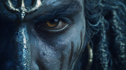 Mystical God Shiva Portrait with Golden Eye and Blue Skin Detail Close-up