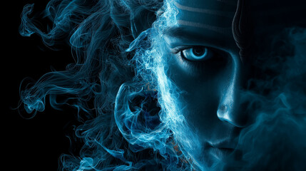 Mystic God Shiva with Blue Energy Smoke Aura, Spiritual Art