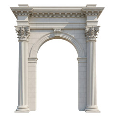 A detailed view of a classical stone archway with ornate columns and decorative carvings isolated on transparent background