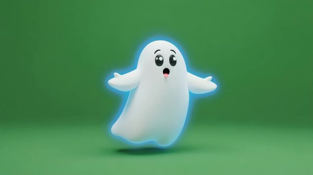 ghost floats up and down, waving arms, maybe sticking tongue out, isolated on vivid green screen.