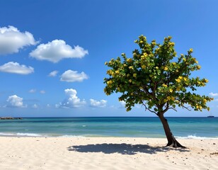 Tranquil Beach Scene with Serene Tree and Waves