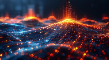 Flowing digital landscape with orange spikes atop illuminated wave-like, blue dotted grid