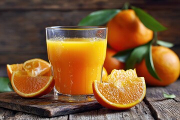 Refreshing Citrus Nectar: Bright Orange Juice Served on a Rustic Wooden Surface for a Perfect Breakfast