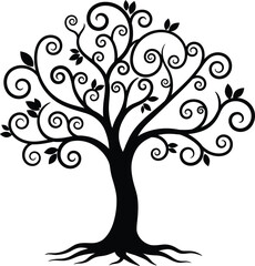 Elegant Black Tree Silhouette with Swirling Branches and Leaves on a White Background