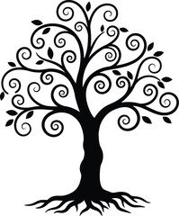 Fototapeta premium Stylized Tree Silhouette with Swirling Branches and Leaves on a White Background