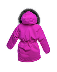 A vibrant fuchsia winter coat for a child, featuring a fur-lined hood and an adjustable waist...