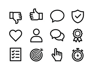 Black Outline Icons Thumbs Up Thumbs Down Speech Bubbles Heart Shield