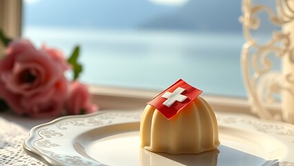 Glowing Swiss lantern with white cross motif, resting on rustic wood with alpine meadow in soft focus.