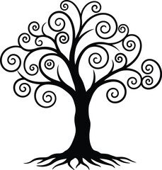 Elegant Black Tree Silhouette with Swirling Branches and Roots on a White Background